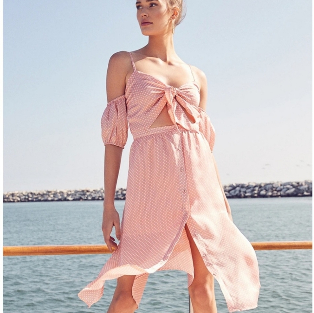 Revolve Tularosa Arlene Polka Dot Off Shoulder Midi Dress